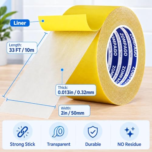 ZOMPAGO Clear Grid Mesh Heavy Duty Double-Sided Mounting Tape,2inx33FT - size: 2inx33ft