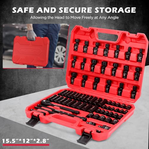 71-Piece 3/8" Drive Master Impact Socket Set, SAE and Metric, 5/16"- 3/4", 8mm - 22mm, Cr-V, Cr-MO, Universal Joint Deep Standard Sockets with Ratchet Handle, Swivel Sockets, Extension Bars, Adapters - size: 71 PCS 3/8"Drive Master