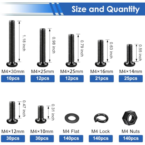 smseace 560Pcs M4 Screws Assortment Kit M4x8/12/14/16/20/25/30mm Metric Screws Assortment Kit 7-Sizes Nut Bolt Washer for Machinery, Furniture, Automotive, Motorcycle Repairs - color: Black, size: 560Pcs M4