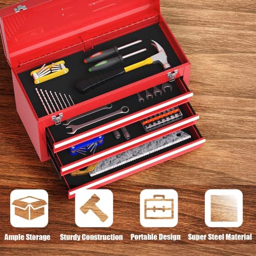IRONMAX Portable Tool Box, Lockable Steel Tool Chest Cabinet w/ 3 Drawers & Top Tray, 3-Drawer Toolbox for Household, Warehouse, Repair Shop, Red - color: Red