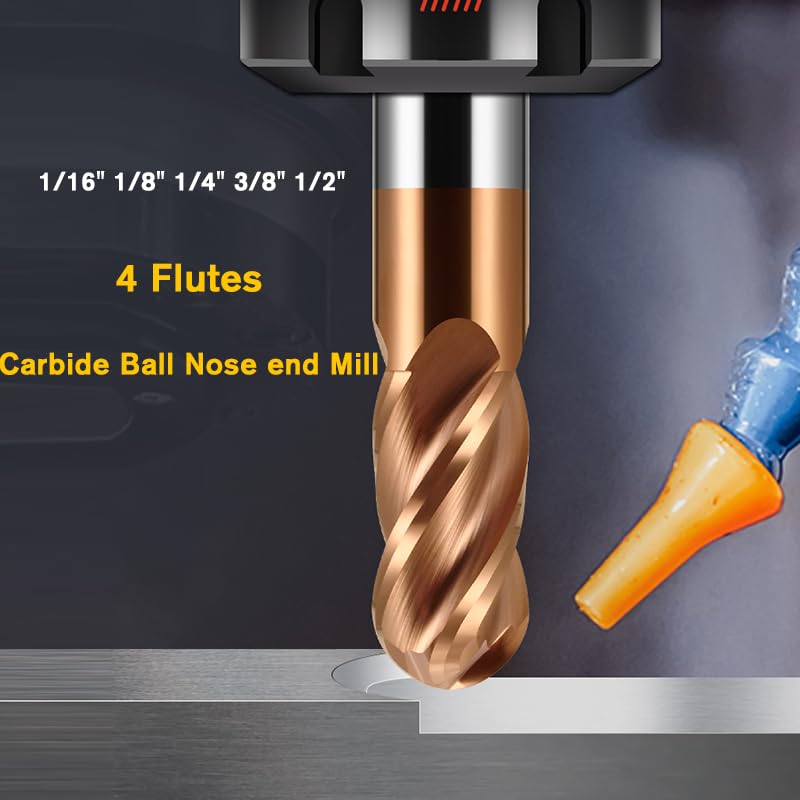 5PCS 1/16" Carbide Ball Nose end Mill Bits Set- 1/8" Shank Dia,1-1/2'' Oal - 4 Flutes TISIN Coated - for Alloy Steels, Hardened Steels - size: 1/16 in