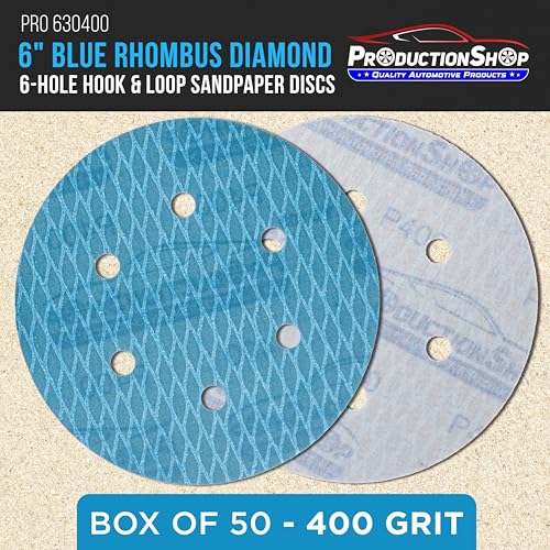 ProductionShop Premium 400 Grit 6" Rhombus Diamond Shape Blue Sanding Discs, 6-Hole, Box of 50 - Hook & Loop Anti-Clogging J-Cloth Dustless Sandpaper for Random Orbital Sanders, Sand Auto Paint, Wood - style: 400 Grit