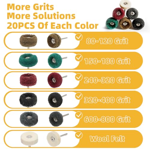 BURMONG 120 Pcs Polishing Kit for Dremel, Abrasive Buffing Wheels 1/8 Inch Shank for Rotary Tool, Polishing Wheels for Metal Wood Jewelry DIY Sanding