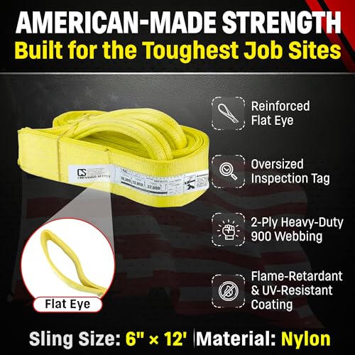 DD Sling 6 Inch x 12 Foot Nylon Lifting Sling – USA Made, 16,300 lb Vertical, 13,000 lb Choker, 32,600 lb Basket – 2-Ply Heavy Duty 900 Webbing, Type 3 Flat Eye & Eye Rigging Sling - size: 6" x12'