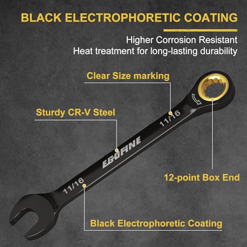 Egofine 11/16 Ratchet Wrench, 11/16 Wrench Ratcheting Combination Wrenches SAE, Industrial Grade Gear Spanner with 12 Point Box End, 72-Teeth Ratchet Black Electrophoretic Coating,CR-V - style: 11/16 inch