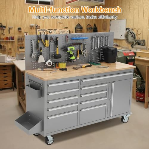 61-Inch Rolling Tool Chest with 10 Drawers & Power Strip, Solid Rubber Wood Top, 1675 LBS Load Heavy Duty Mobile Workstation, Locking System and Drawer Liners for Garage Warehouse Shop, Silver - size: 61 Inch Silver