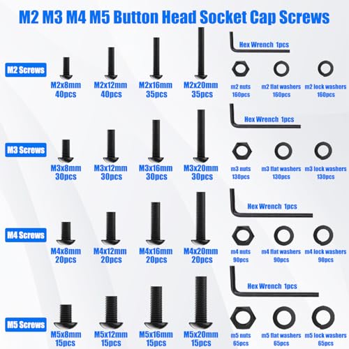 1749Pcs Metric Screw Assortment Kit, M2 M3 M4 M5 Metric Bolts and Nuts Kit with Lock & Flat Washers, 10.9 Grade Alloy Steel Button Head Socket Cap Screws for 3D Printing - color: BK-M2 M3 M4 M5
