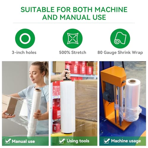 Plastic Shrink Wrap Roll for Moving – 18" x 1500', 80 Gauge, 500% Stretch, Heavy Duty Stretch Wrap Film for Shipping, Packing, Pallet & Furniture Protection – 4 Rolls with Handles
