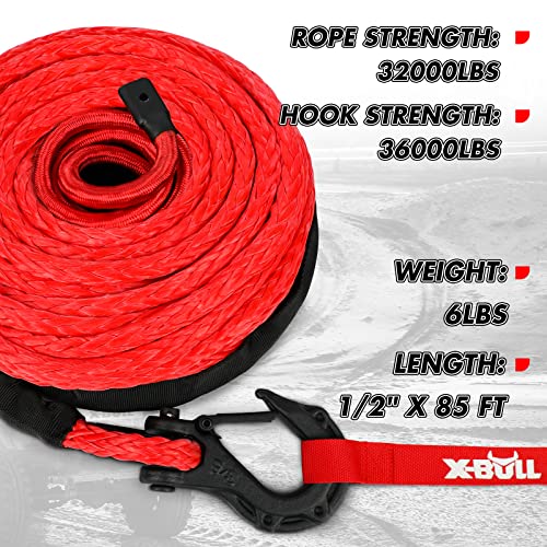 X-BULL Synthetic Winch Rope - Cable Kit -1/2" X 85ft 32000LBS Winch Line with Protective Sleeve Forged Winch Hook Safety Pull Strap go for 4WD Off Road Vehicle Truck SUV ATV UTV-Red - color: Red, size: 1/2" X 85ft