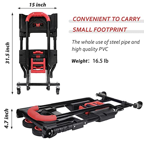 Folding Hand Truck, Portable Dolly Cart with Rubber Wheels and Retractable Handle, 2 in 1 Design 330lbs Capacity Hand Cart Foldable for Transportation/Luggage/Mobile/Travel/Office Use - color: Red
