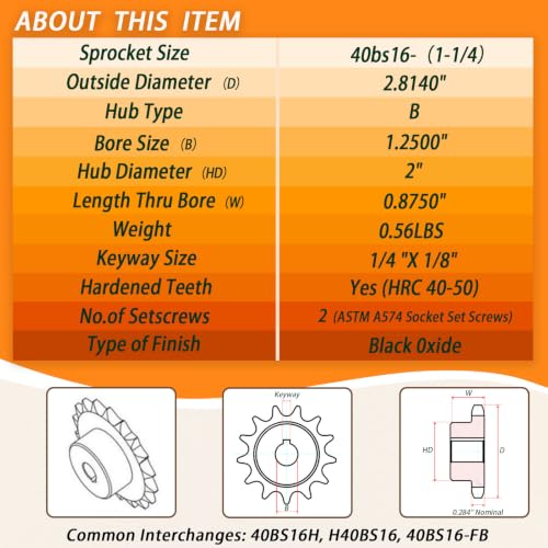 40BS16H-1-1/4#40 Roller Chain Sprocket 16 Tooth 1-1/4" Bore Finished Bore Type B Black Oxide Anti-Rust Hardened Carbon Steel with Keyway 2 Set Screws Key & Hex Wrench for Mini Bike Go Kart