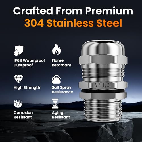 QILIPSU 10pcs 1/2" NPT 304 Stainless Steel Cable Gland Waterproof IP68 Metal Strain Relief Cord Grip Cable Long Thread Pass Through Wire Connector - size: 1/2" NPT