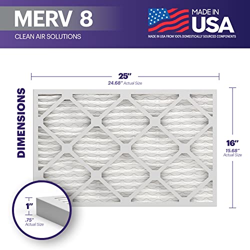 BNX 16x25x1 MERV 8 Air Filter 2 Pack - MADE IN USA - Electrostatic Pleated Air Conditioner HVAC AC Furnace Filters - Removes Dust, Mold, Pollen, Lint - size: 16x25x1 2-Pack