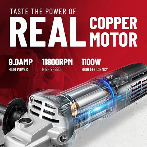 DCK 9.0Amp Angle Grinder 1100W, 4-1/2 Inch Electric Grinder Power Tool, 11800 RPM, Auxiliary Handle 2 Safety Guards, 6 Piece Discs, Copper Angle Grinder for Cutting, Grinding, Polishing (KSM17-115B) - style: 9.0Amp