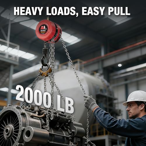 BIG RED 1 Ton Hand Chain Hoist, 2000 Lbs Capacity,10 ft Lift, Manual Chain Block with Safety Hooks for Warehouse, Automotive, Industrial Use