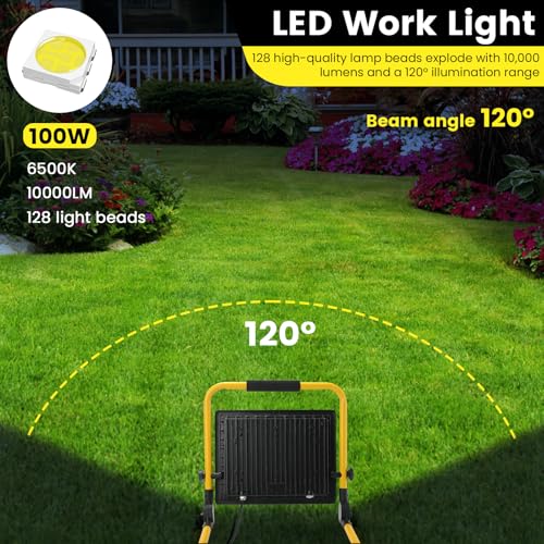 10000 LM LED Portable Work Light with Stand Cooling Fins, 100W Bright Work Lights 16FT Cord, 6500K IP66 Waterproof Lightweight Worklight for Indoor/Outdoor Workshop Construction Garage Lighting