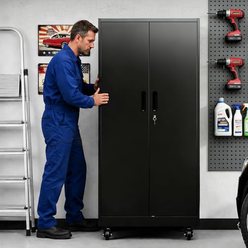 71'' Metal Garage Storage Cabinet with Wheels & Hanging Rod,Black - color: Black, style: 71"H 2 doors with Rod & wheels