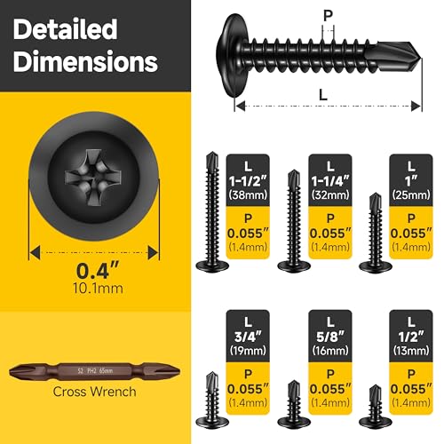 Mywish 185 Pieces #8 Self Tapping Screws Assortment Kit for Metal, Length 1/2"-1-1/2", 410 Stainless Steel Truss Head Self-Drilling Screws Black Oxided Quick Tapping Screw - color: Black, size: 185Pcs Kit