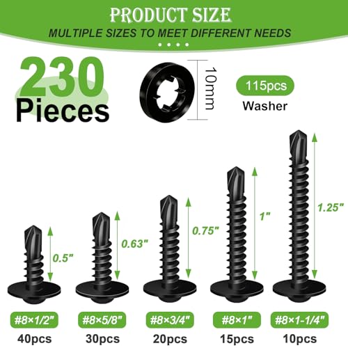 mxuteuk 230PCS #8 Self Tapping Screws for Metal,410 Stainless Steel Self Drilling Screws,1/2",5/8",3/4",1",1-1/4" Truss Head Sheet Metal Screws with Rubber Washers for Metal,Plastic,Wood(115pcs Sets) - size: BK 230PCS #8 Kit