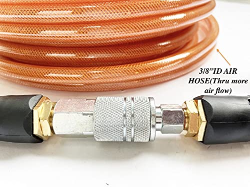 SANFU Polyurethane(PU) Reinforced 3/8”ID x 100ft Air Hose, 300PSI Wear Resistant With 3/8” Reassembled Industrial Quick Coupler and Plug, Bend Restrictor, Brown(100’) - color: Brown, size: 100FT
