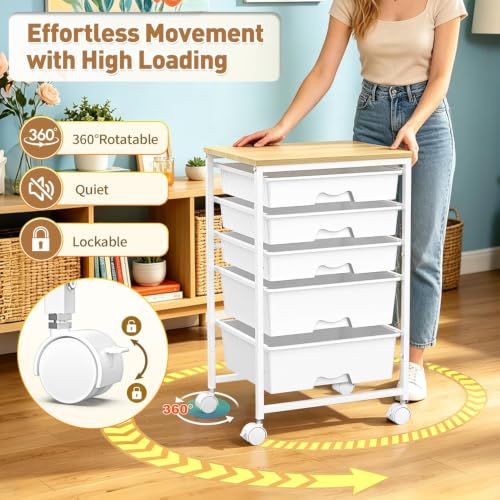 SUNALLY Rolling Carts With 5 Drawers, Storage Drawer Carts for Craft, White - color: White