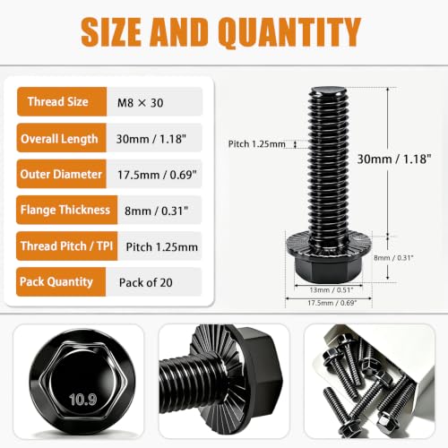 mankk 20PCS M8-1.25 x 30mm Flanged Hex Head Bolts 10.9 Grade High Tensile Alloy Steel,Black Zinc Plated,Full Thread,for Auto Parts, Farm Equipment & DIY Projects - size: BK M8x30mm