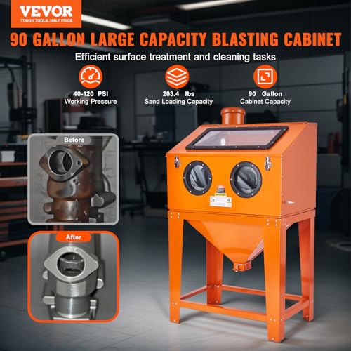 90 Gallon Sandblasting Cabinet with 1.8 Gallon Dust Collection System, 40-120PSI Sand Blasting Cabinet with Stand, Heavy Duty Sand Blaster with Blasting Gun & 4 Nozzles for Paint, Rust Removal - size: 90 Gallon
