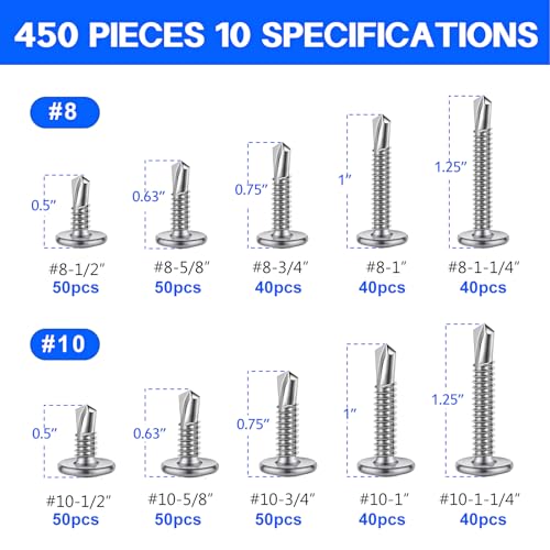 450PCS Self Tapping Screws for Metal, 410 Stainless Steel Self Drilling Screws #8#10 Truss Head Sheet Metal Screws Assortment Kits, Length 1/2"" to 1-1/4'' (Silver) - color: Silver