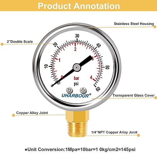 UHARBOUR Lead-Free Water Pressure Gauge 60 Psi, 2" Dial 1/4" NPT - size: 60PSI Lead Free