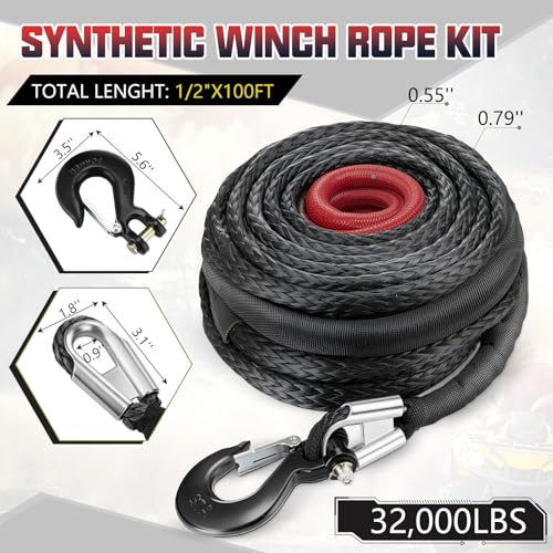 Marsui 1/2" x 100 ft Synthetic Winch Rope Cable Kit, 32000lbs, Black - color: Black, size: 1/2" X 100 ft