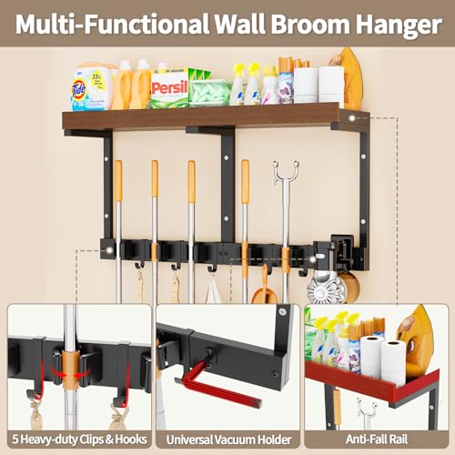 Broom and Mop Organizer Wall Hanging, Broom Hanger Holder Wall Mount - color: Black