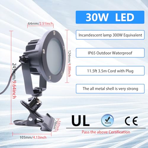 Clip Floodlight 30W LED Work Light IP65 Waterproof 300W Equivalent 11.5ft 3.5m Cord with Plug Lights for Workshop Garage, Construction Site Applicable to Various environments (30W Warm White) - color: 30W Warm White