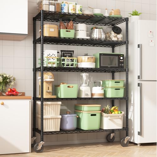 45" W x 20" D x 72" H Wire Shelving Unit with Lockable Wheels, 5-Tier Heavy Duty Garage Shelves, 400 lbs Per Shelf Capacity, Industrial Storage Rack for Garage Pantry Kitchen - color: Black, size: 45" L x 20" W x 76" H with wheels