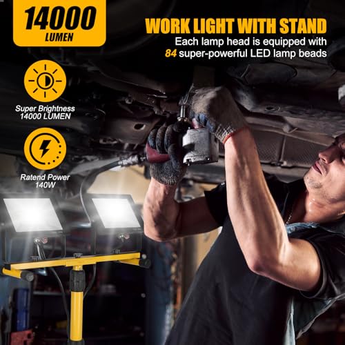 14000Lumen LED Work Lights with Stand - 2 Head Portable Work Light on Stand