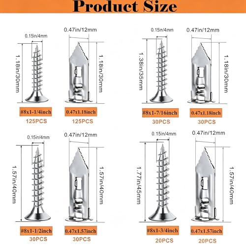 410PCS Self Drilling Drywall Anchors with Screws Kit-2 Sizes Sheetrock Anchors & 4 Sizes Zinc Expansion Screws, Upgraded Zinc Plated Steel,No Drill Needed,Holds Up to 66LB on Walls(Sliver) - color: 410PCS-KIT-Silver