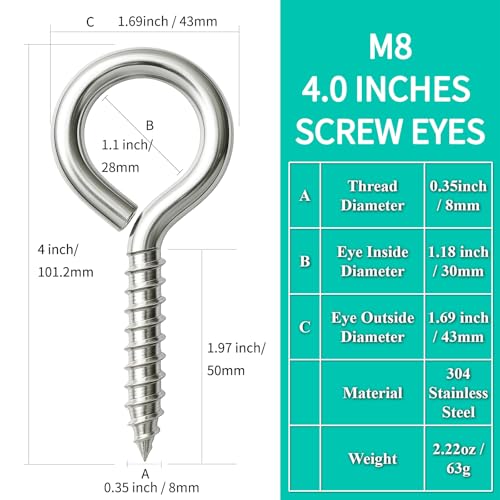 2PCS 4inch Heavy Duty Screw Eye Hooks, M8 Large Eye Screw Self-Tapping Bolt