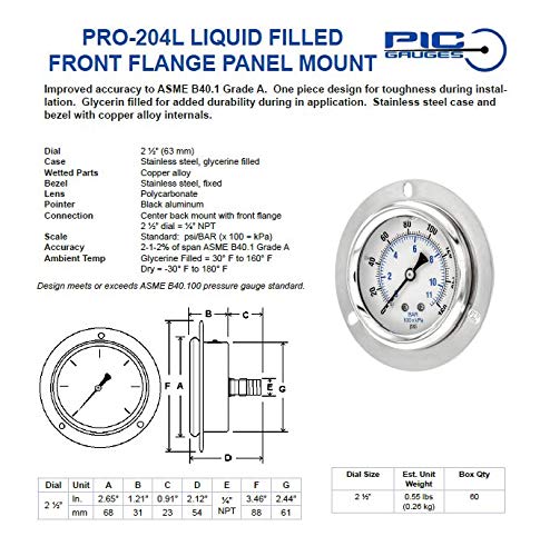 PIC Gauge PRO-204L-254CB Glycerin Filled Industrial Front Flanged Panel Mount Pressure Gauge with Stainless Steel Case, Brass Internals, Plastic Lens, 2-1/2" Dial Size, 1/4" Male NPT, 30/0/15 psi - style: 30” Hg Vac/0/15 PSI