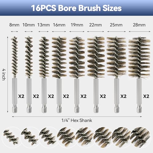 16 Pcs Wire Bore Brush for Drill,Stainless Steel Drill Brush Set,with 1/4 Inch Hex Shank, Power Drill Attachment for Polishing, Rust and Tube Cleaning (5/16" - 1-1/8") - size: 16PCS