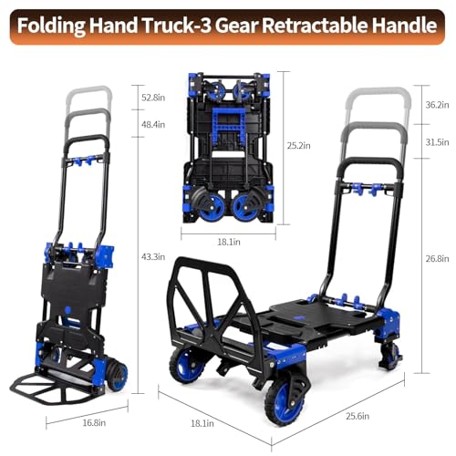 2 in 1 Folding Hand Truck with Folding Basket,330lbs Capacity Heavy Duty Hand Truck,with Telescoping Handle and Rubber Wheels,Portable Dolly Cart with Bungee Cords for Moving,Travel,Shopping - color: Blue C