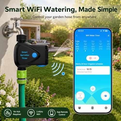 WiFi Water Timer with Built-in Flow Meter, Smart Garden Hose Controller, No Hub Required, 2.4GHz App Remote Control, Timed & Volume Watering, Rain Delay, IP65 Waterproof for Lawn Garden Greenhouse - style: WiFi Water Timer with Flow Meter