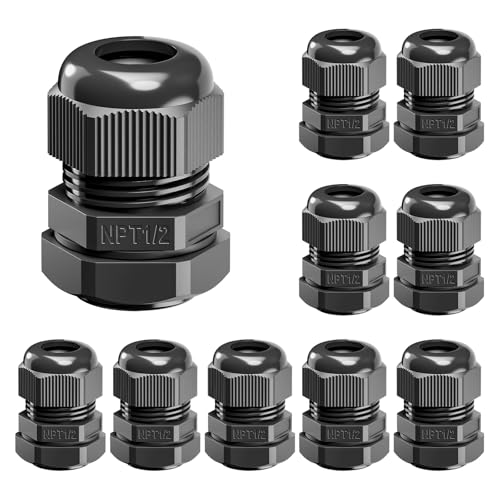 VCELINK 10 Pcs 1/2" NPT Cable Glands Nylon Waterproof, IP68 - size: 1/2"-10pcs