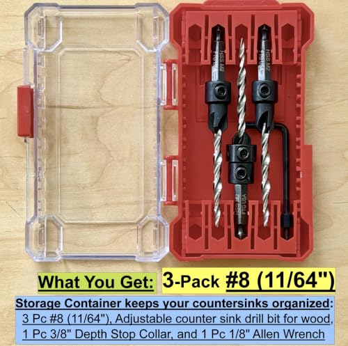 FTG USA 3-Pk #8 (11/64") Countersink Drill Bit Set, 1 Stop, 1 Wrench & Case - size: #8, style: 3 Pc with Depth Stop and Case