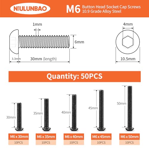 M6 x 30mm 35mm 40mm 45mm 50mm Button Head Socket Cap Screws Bolts 10.9 Grade Alloy Steel Metric Machine, Black Oxide Finish, Allen Hex Drive, Fully Threaded, Assortment Kit 40PCS - size: M6 x 30/35/40/45/50mm (40PCS)