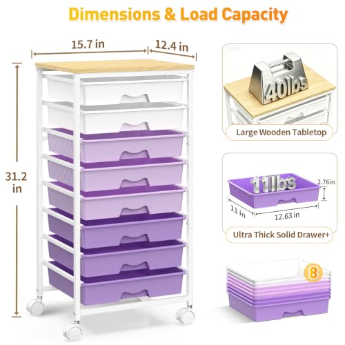 SUNALLY Rolling Cart with 8 Drawers, Craft Art Storage Drawer Cart, Purple - color: Purple