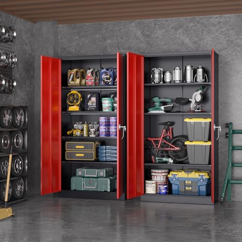 Greenvelly Metal Garage Storage Cabinet with 2 Doors and 4 Adjustable Shelves, 72”H Steel Lockable Storage Cabinet,Tall Metal Cabinet Locking File Cabinet for Office,Home, Garage, Gym, School - color: Black Red, style: 72"H-Large