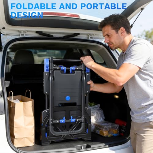 2 in 1 Folding Hand Truck with 2 Folding Basket,330lbs Capacity Heavy Duty Hand Truck,with Telescoping Handle and Rubber Wheels,Portable Dolly Cart with Bungee Cords for Moving,Travel,Shopping - color: Blue B