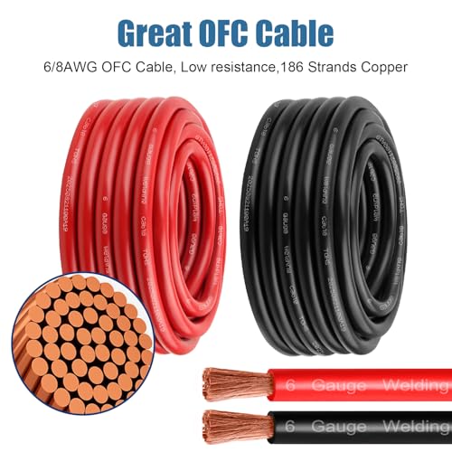 6 Awg Battery Power Cable -30FT Red + 30FT Black 6 Gauge Flexible Welding Cable OFC Copper Wire with Lugs Terminal Connectors and Heat Shrink Tube for Automotive, Battery, Inverter,Boat and Generator - color: Red+black-30ft, size: 6AWG