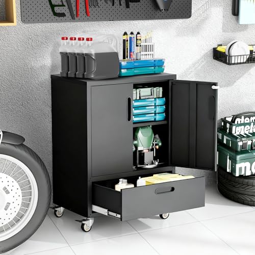Metal Storage Cabinet for Garage, Tool Cabinet, Utility Cabinet - color: Black, size: M - 2 Doors & Drawer (Wheeled)