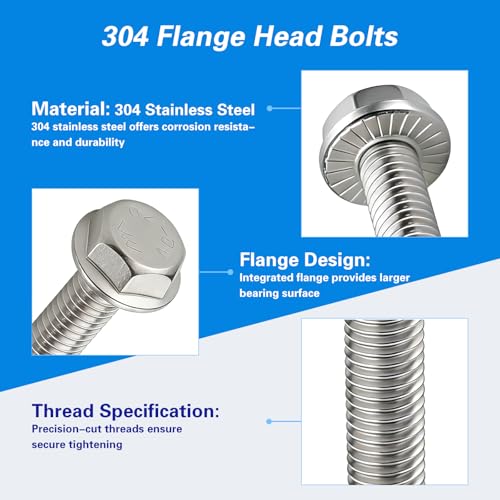 M8x1.25 x 60mm Flanged Hex Head Bolts, 304 Stainless Steel (A2-70), Bright Finish, Fully Threaded, Hexagon Head Flange Bolts, Quantity 10 - size: 60mm(10PCS)