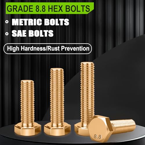 Twidec/680PCS Metric&SAE Bolt Assortment,Grade 8.8 Hex Head Bolts and Nuts Assortment Kit, M4 M5 M6 M8 1/4-20 5/16-18 3/8-16 Heavy Duty Nuts and Bolts Kit Gold Zinc Plating With Storage Case - color: Golden 680PCS M4 M5 M6 M8 1/4-20 5/16-18 3/8-16